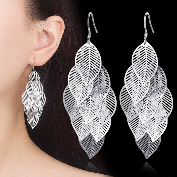 NEW 925 Sterling Silver Leaf Drop Earrings - Picture 2 of 4